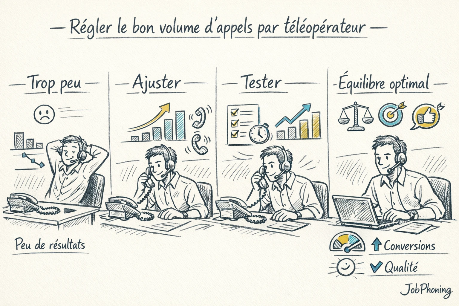 Schéma représentant l’ajustement du volume d’appels via blocs reliés et flèches séquentielles