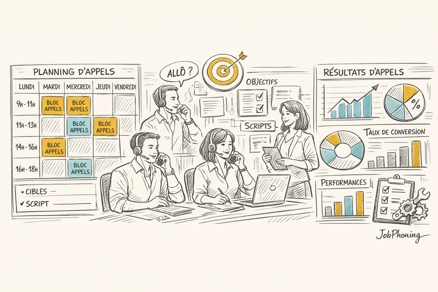 Schéma représentant l’organisation quotidienne du phoning via un hub central, calendriers et nœuds reliés en