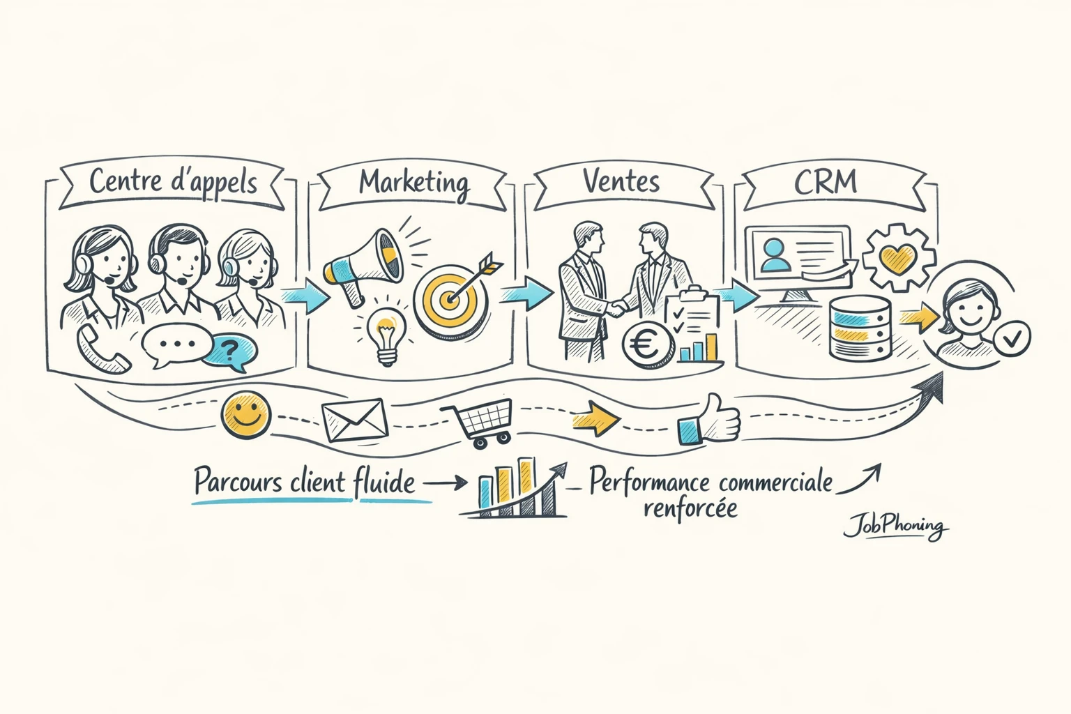 Schéma représentant l’intégration de l’assistance téléphonique via un noyau central relié à plusieurs modules commerciaux.
