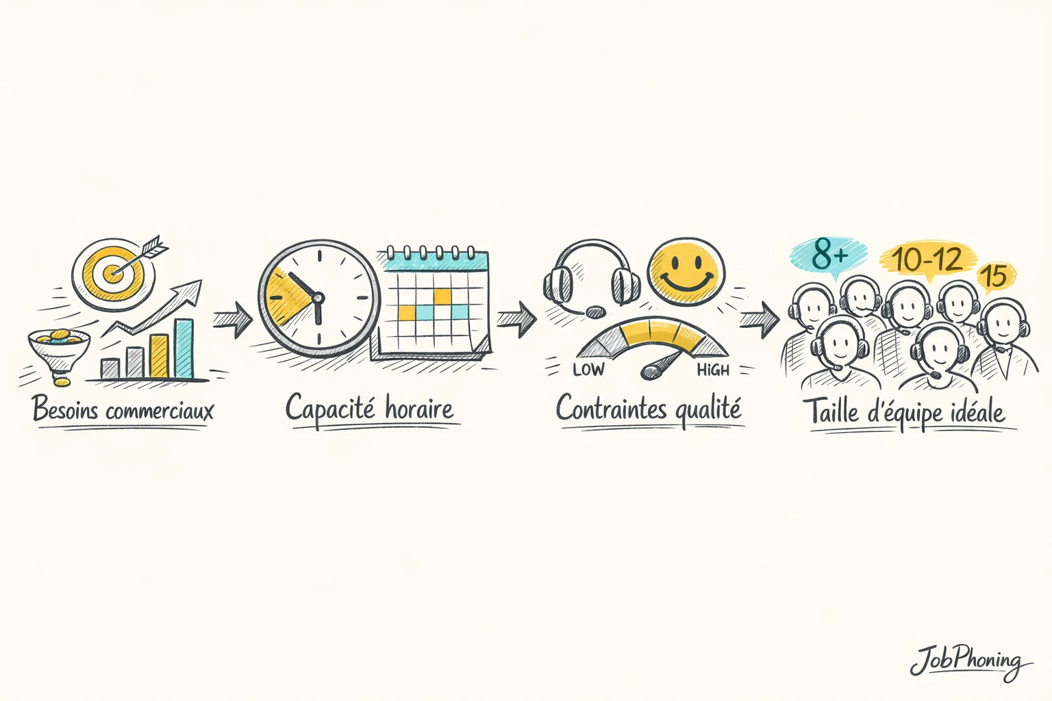 Schéma représentant le dimensionnement d’une équipe d’appels via flux, blocs reliés et flèches successives.