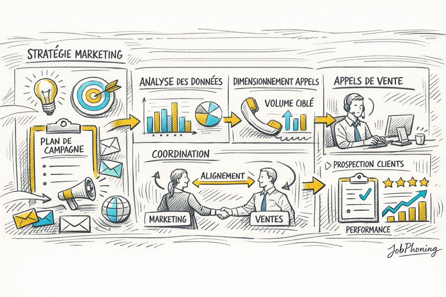 Schéma représentant l’alignement marketing, ventes et appels sortants via trois blocs reliés à un noyau