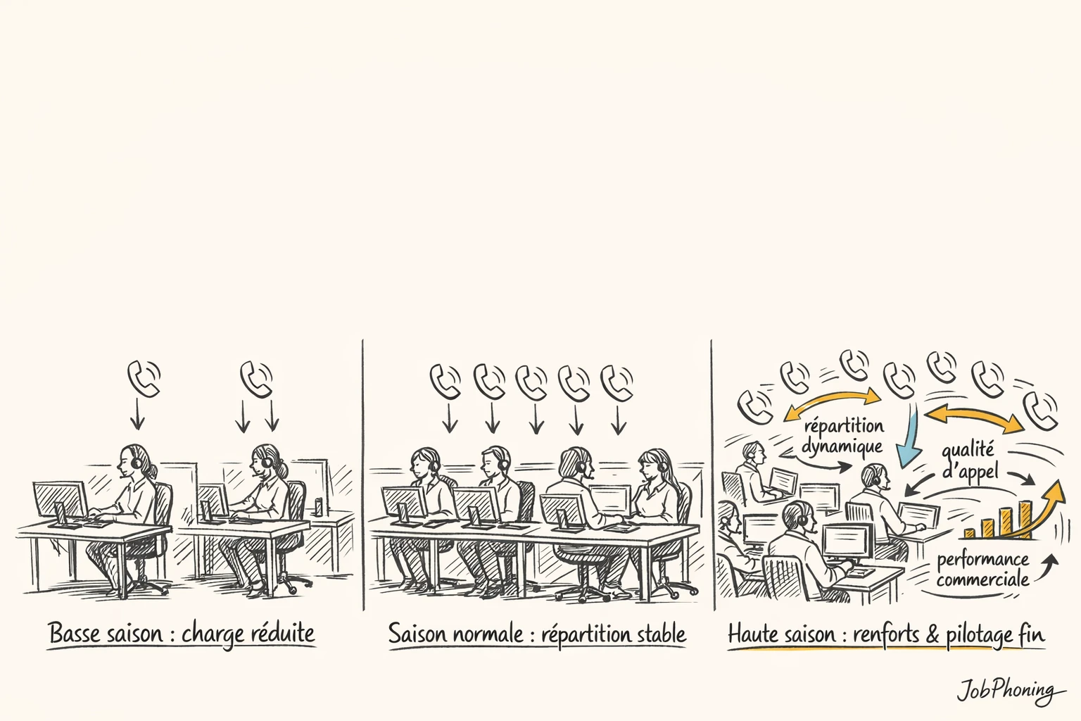 Schéma représentant la saisonnalité des appels via calendrier central, segments circulaires et blocs de capacité