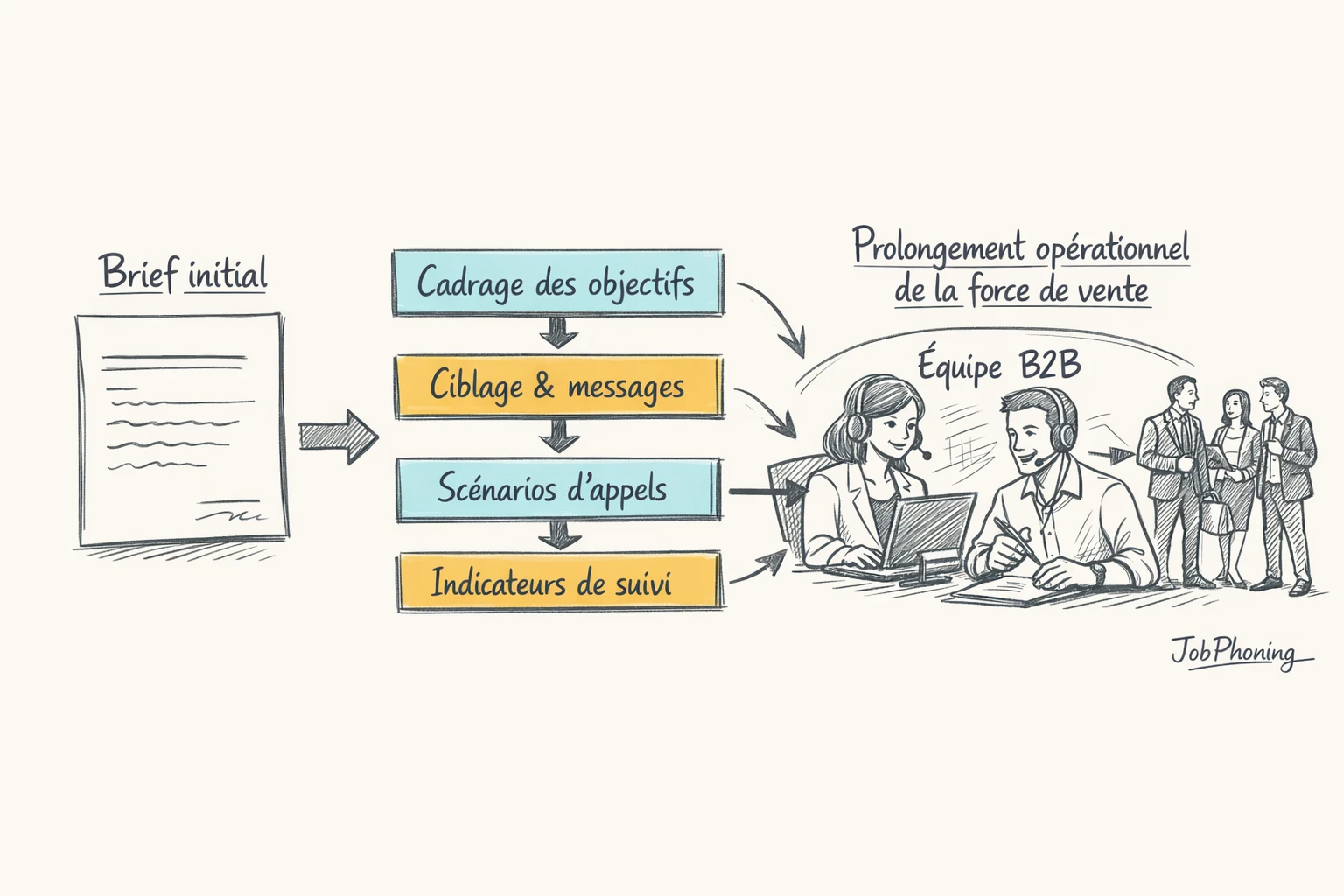 Schéma représentant la construction d’un brief B2B via enchaînement de blocs reliés et flèches minimalistes.
