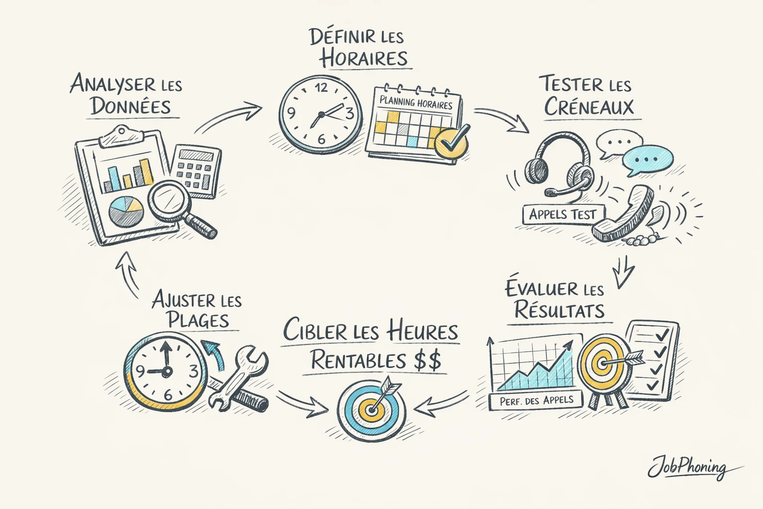 Schéma représentant l’optimisation des horaires d’appel via un flux de blocs reliés.