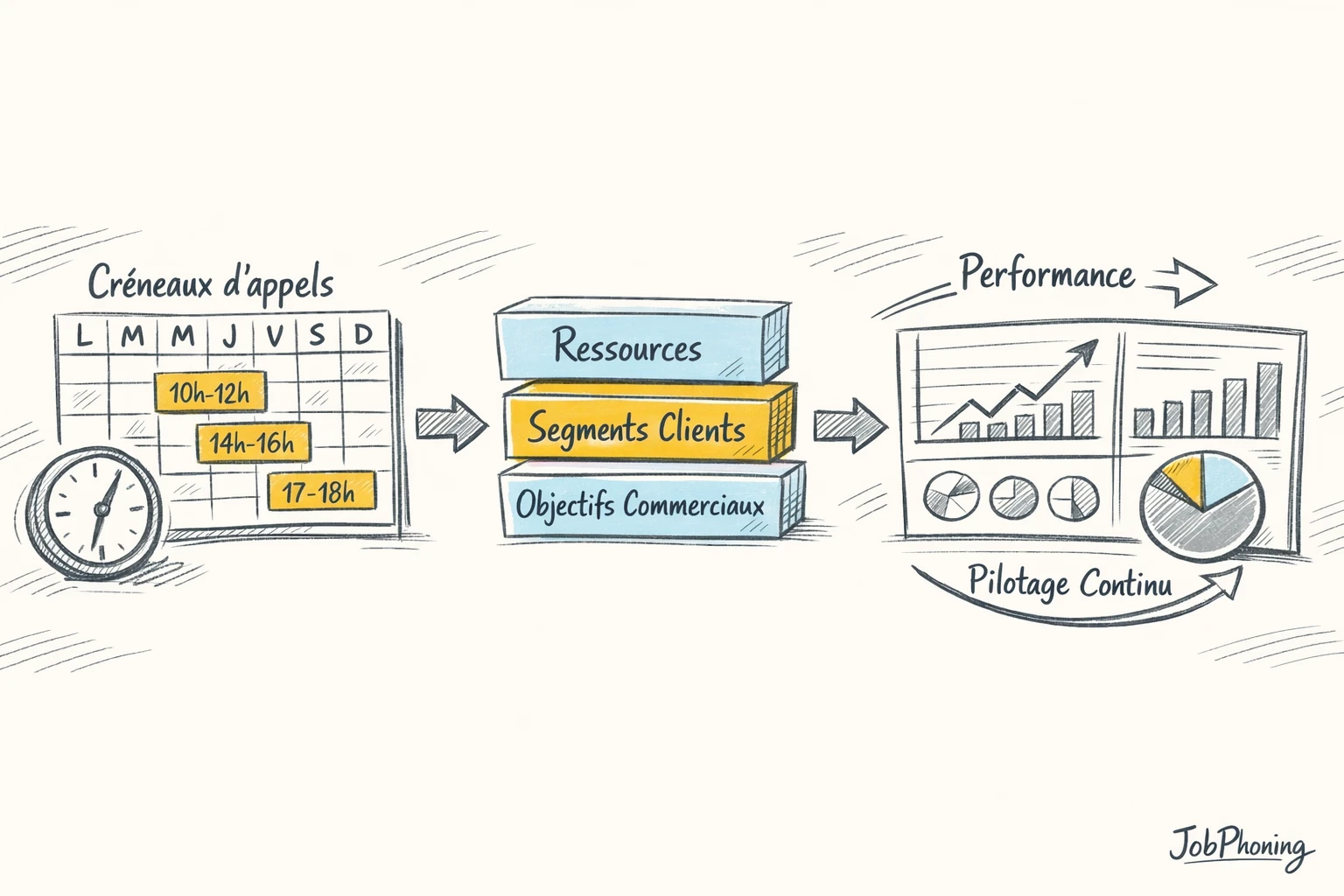 Infographie représentant la planification des appels via calendrier, entonnoir et blocs de ressources alignés.
