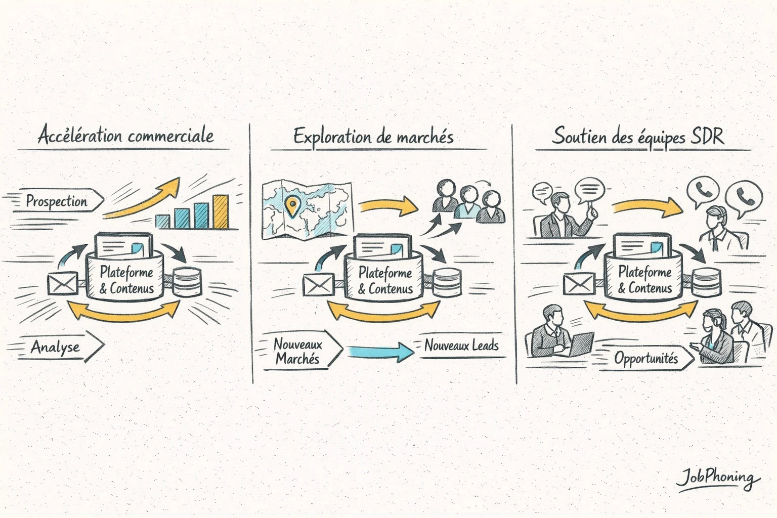 Infographie représentant trois usages d’un centre d’appels via colonnes géométriques colorées alignées