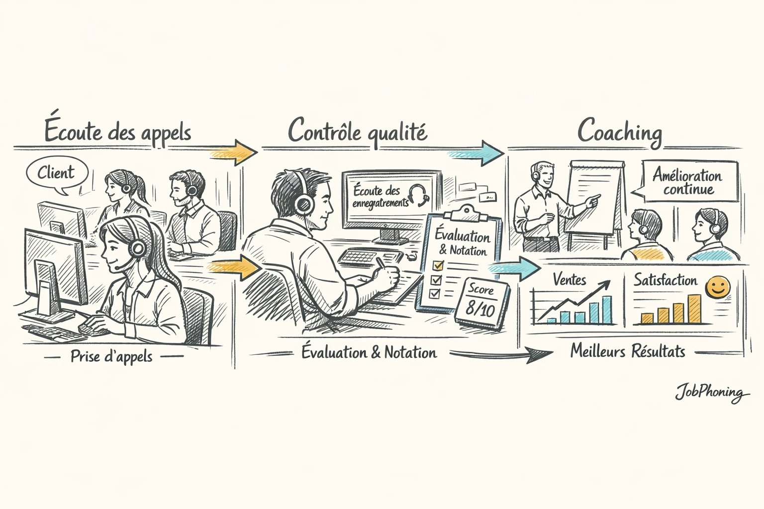 Schéma représentant un processus d’écoute qualité en call center via flèches, blocs et tableaux abstraits
