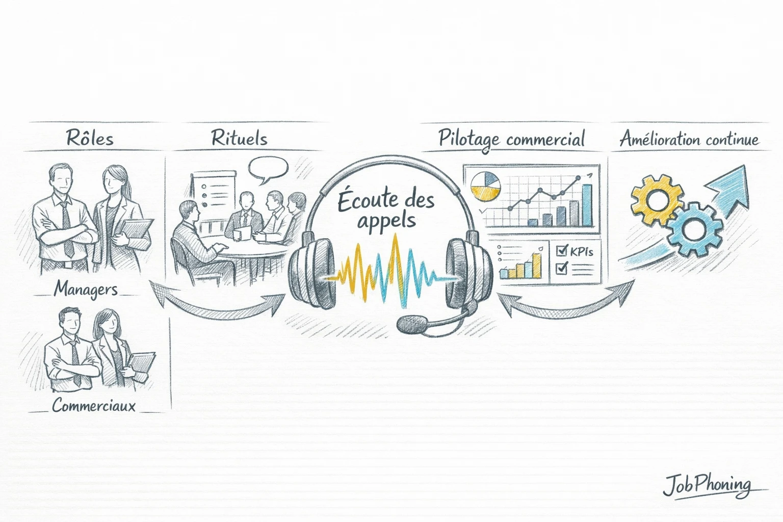 Schéma représentant l’intégration de l’écoute d’appels via un noyau central connecté à plusieurs rôles organisés.