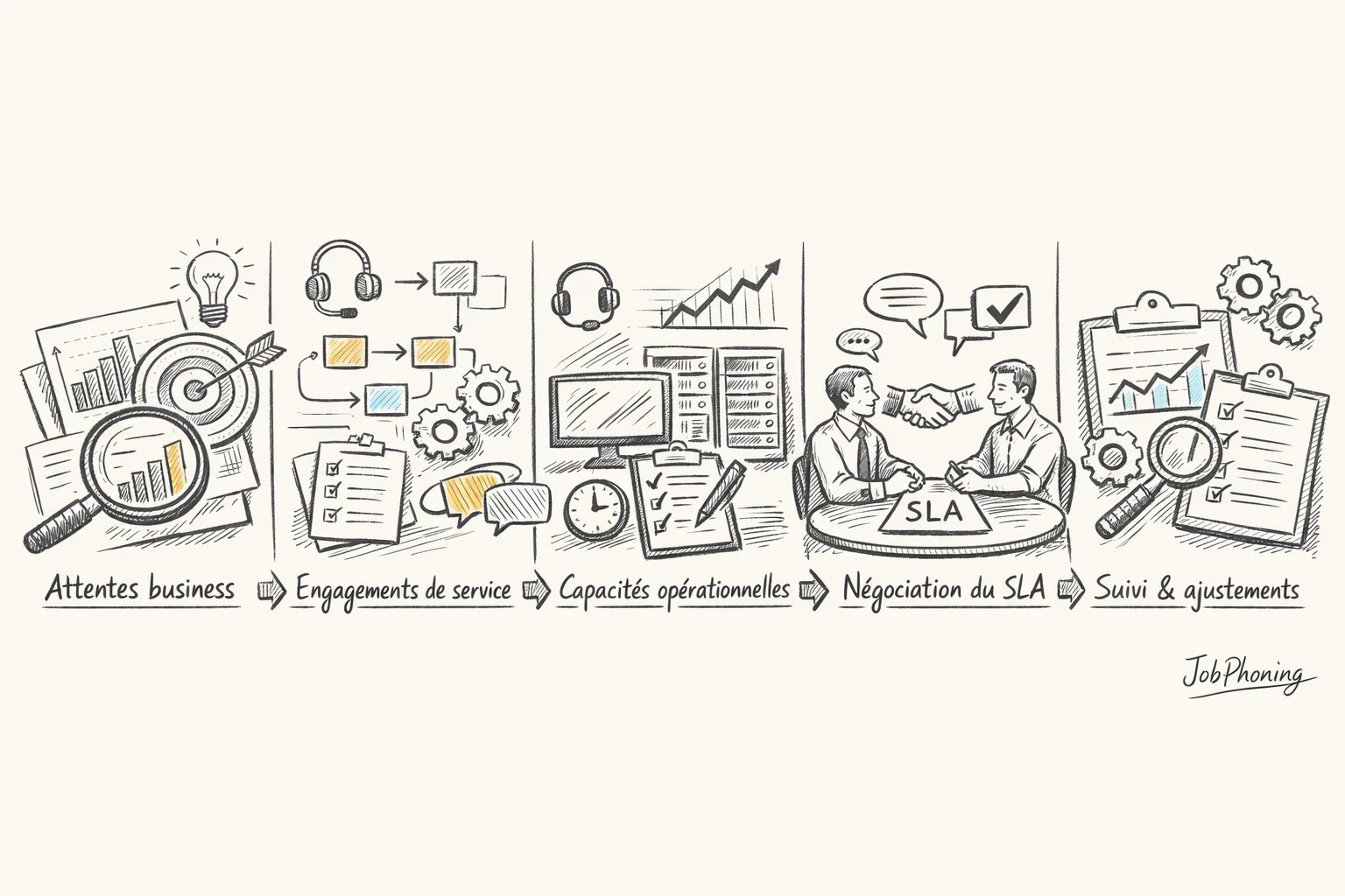Schéma représentant la construction d’un SLA pour centre d’appels via blocs reliés et flèches séquentielles