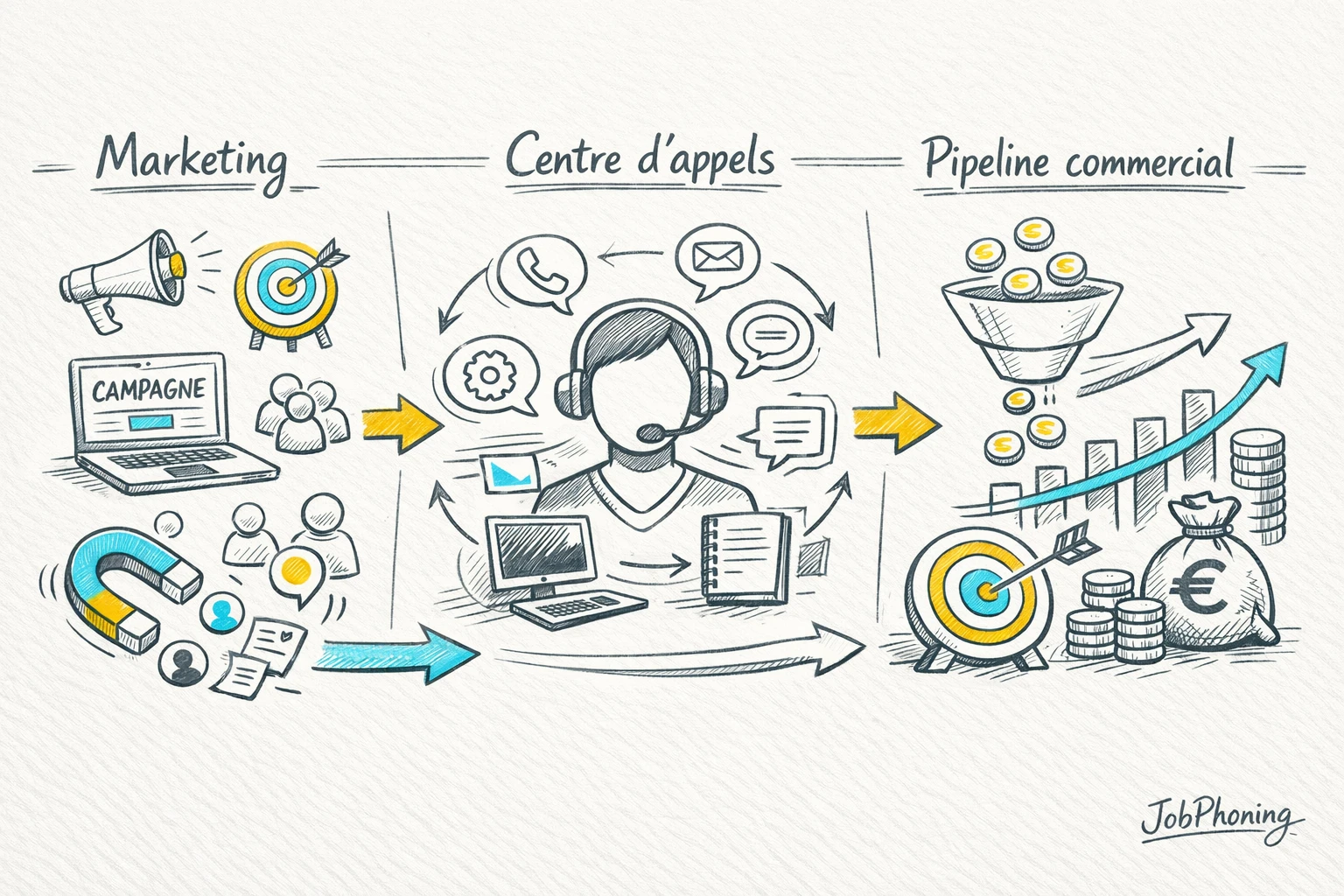 Schéma représentant l’alignement call center-marketing-ventes via hub central et pipeline d’opportunités