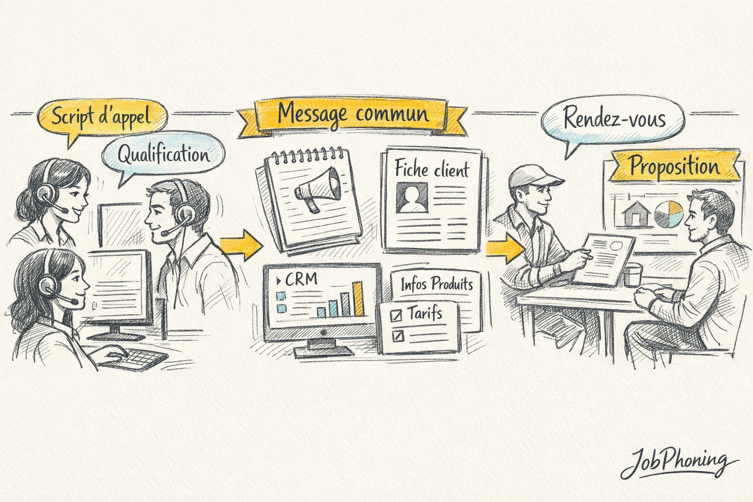 Schéma représentant l’alignement téléprospection et rendez-vous commerciaux via flèches, blocs reliés et écrans stylisés