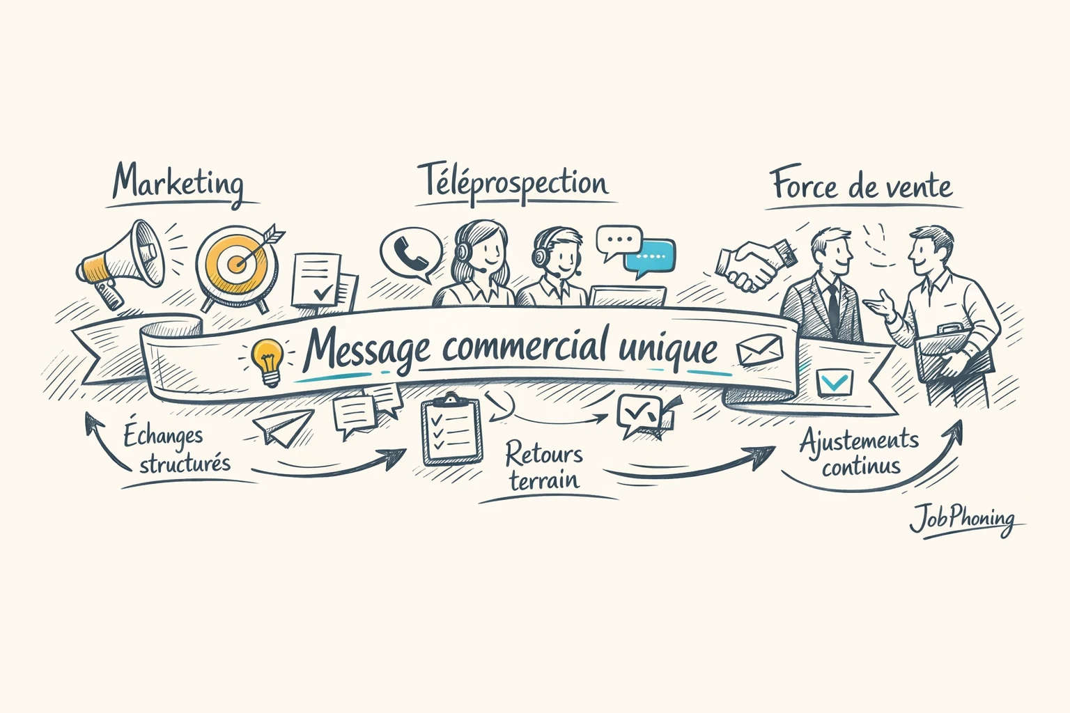 Schéma représentant la circulation du discours B2B via hub central et trois blocs reliés.