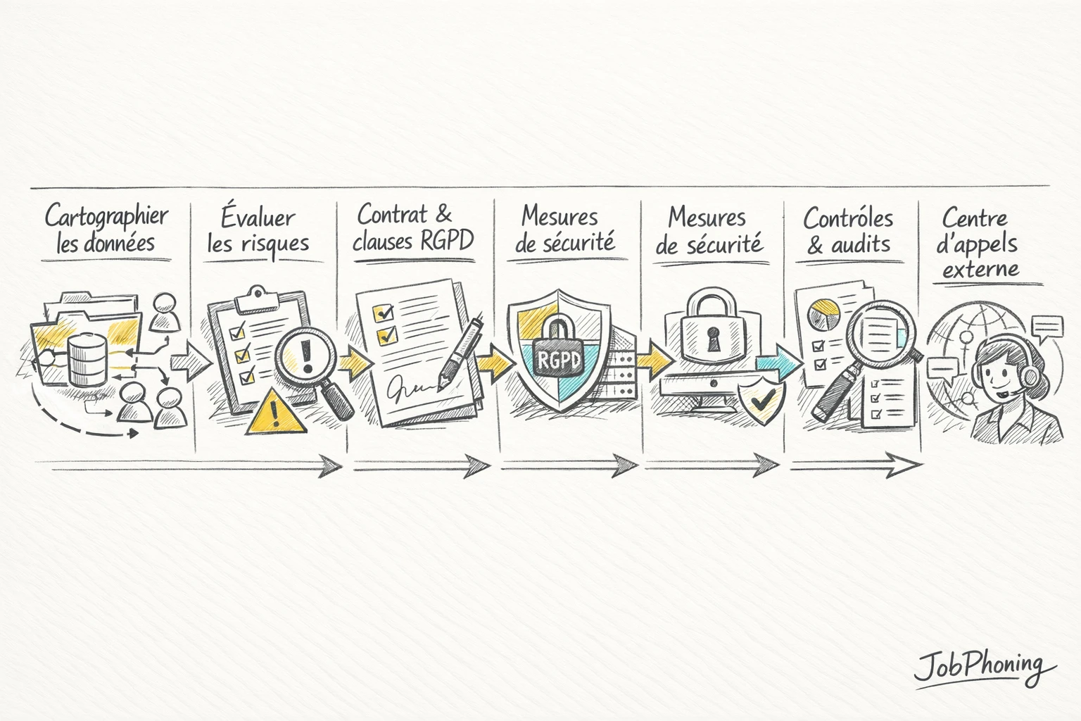 Schéma représentant un processus RGPD pour centre d’appels externalisé via blocs reliés.