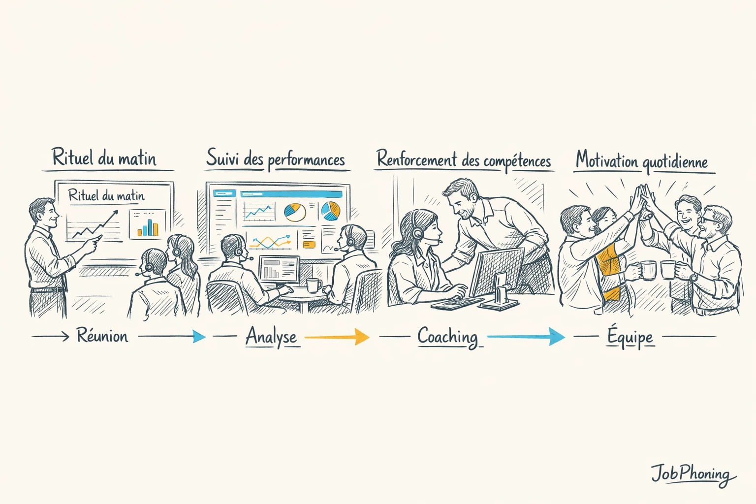 Schéma représentant un plan d’animation quotidienne via blocs reliés illustrant objectifs, rituels, feedback, reconnaissance et