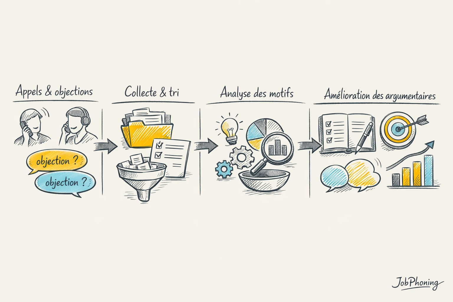 Schéma représentant le suivi des objections en prospection via rectangles, flèches et tableaux abstraits alignés.
