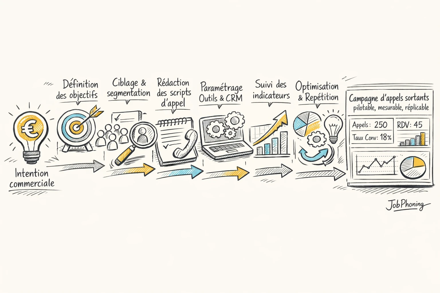 Schéma représentant la préparation d’une campagne d’appels via enchaînement de blocs reliés et flèches minimalistes