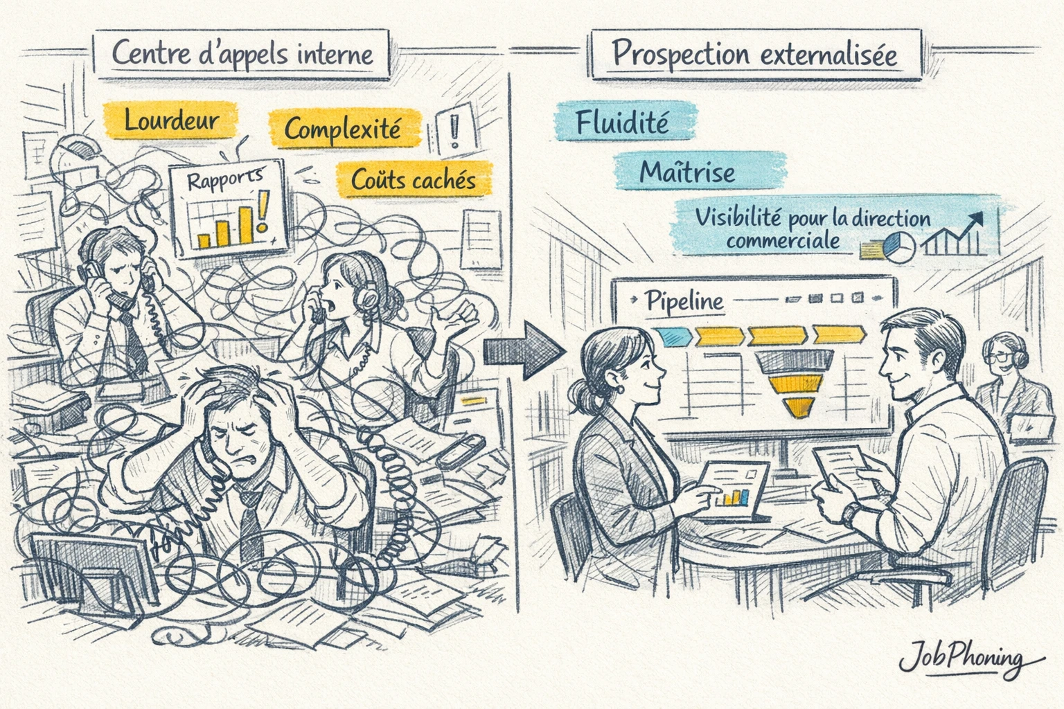 Infographie représentant les freins à un centre d’appels via entonnoir complexe, blocs géométriques et pipeline