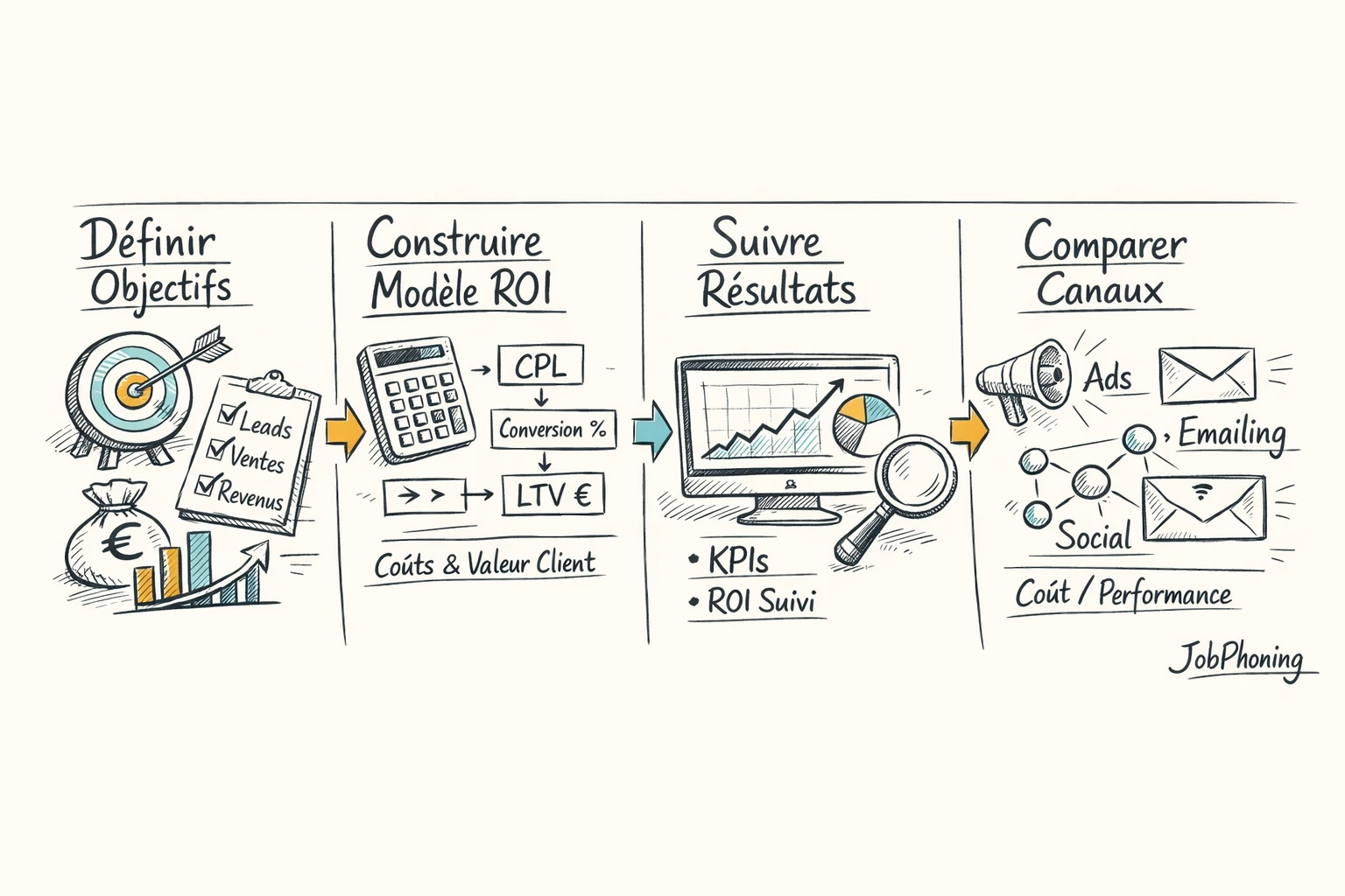 Schéma représentant le calcul du ROI de prospection via blocs reliés illustrant tunnel, coûts et