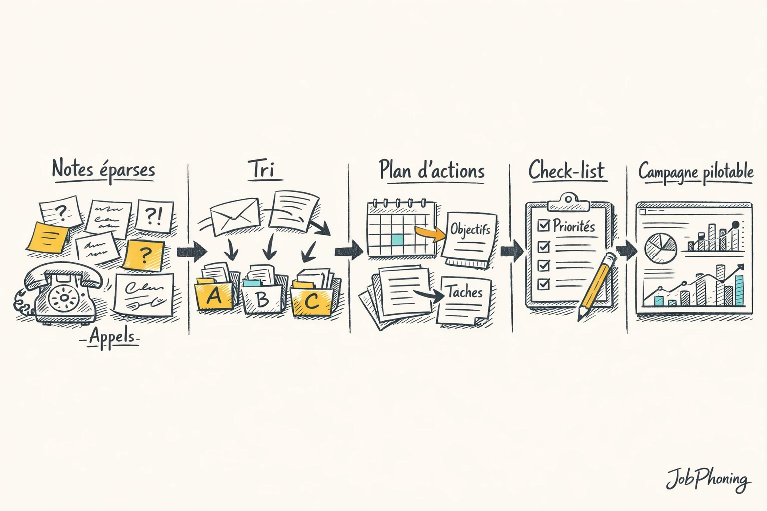 Schéma représentant l’organisation d’une check-list de prospection formation via étapes reliées par flèches minimalistes.