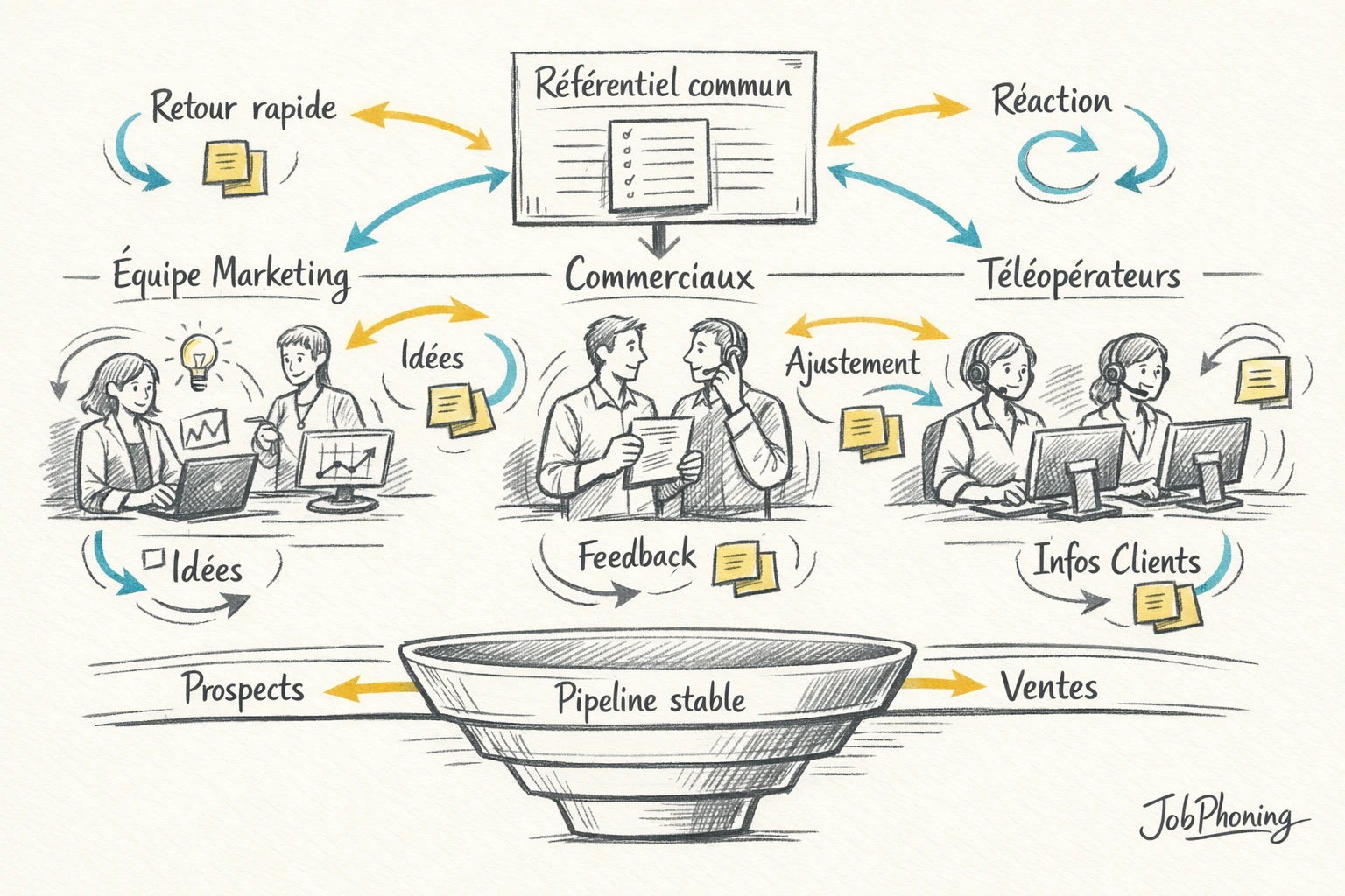 Infographie représentant la coordination prospection formation via trois pôles reliés à un pipeline central partagé