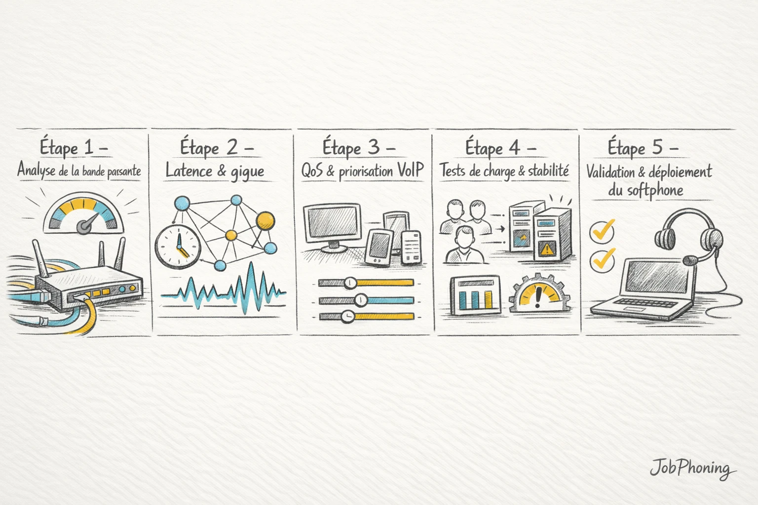 Schéma représentant l’audit du réseau avant softphone via blocs reliés et icônes abstraites de connexion.
