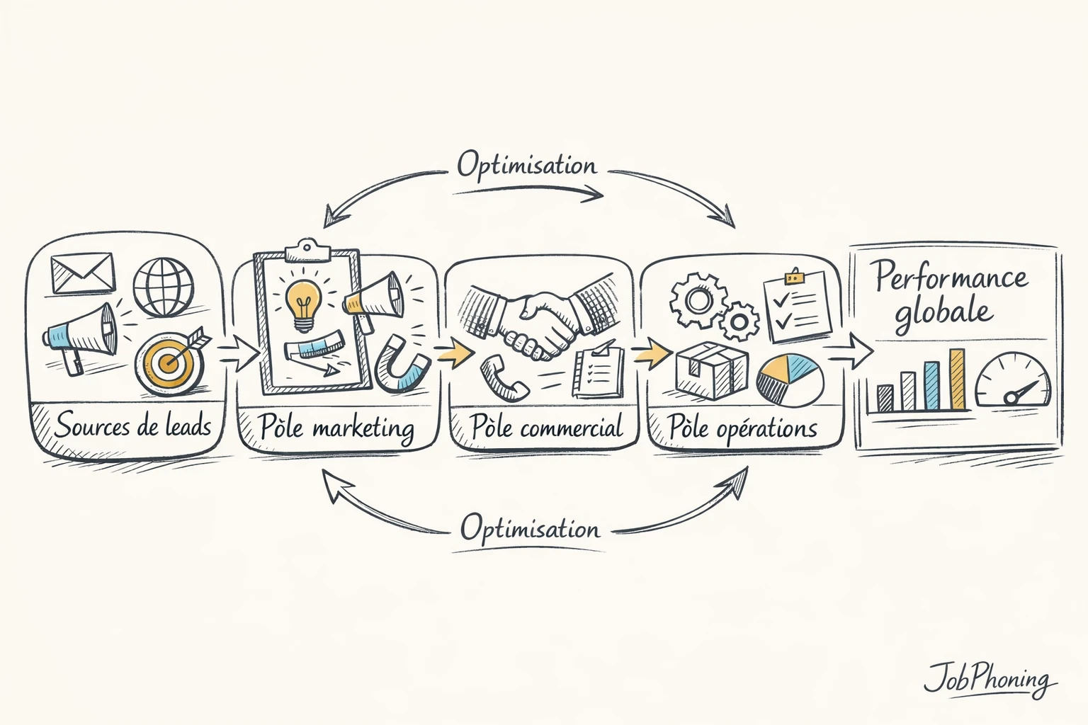 Infographie représentant l’intégration d’un nouveau revenu via hub central et flux connectant trois pôles.