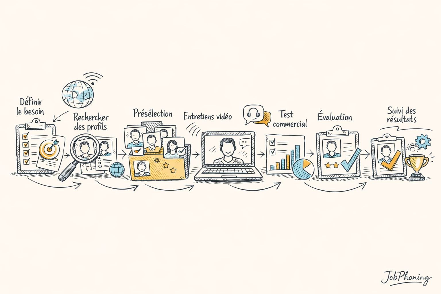 Schéma représentant un parcours de sélection de freelance commercial via blocs reliés et flèches structurées