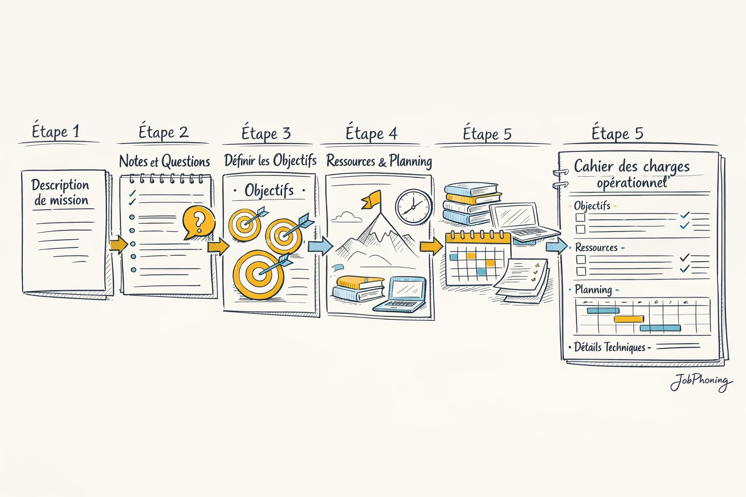 Schéma représentant le choix d’un freelance commercial via une suite de blocs reliés