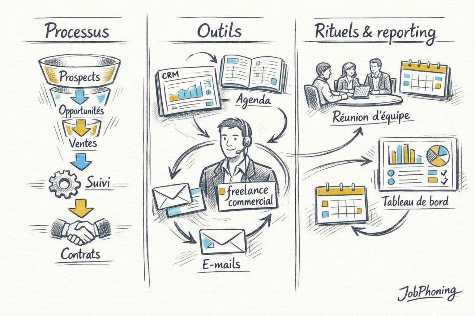 Schéma représentant l’intégration d’un freelance commercial via un hub central connecté à CRM, calendrier et