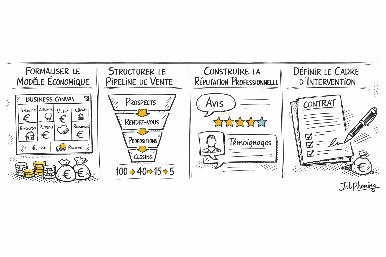 Schéma représentant la structuration d’une activité de closer B2B via étapes reliées et blocs alignés