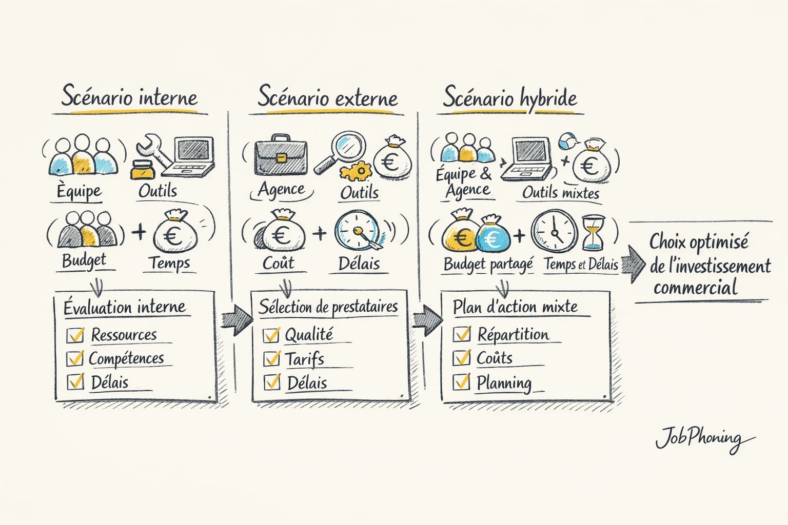 Schéma représentant une méthode de décision via blocs reliés comparant production interne et fournisseur externe.