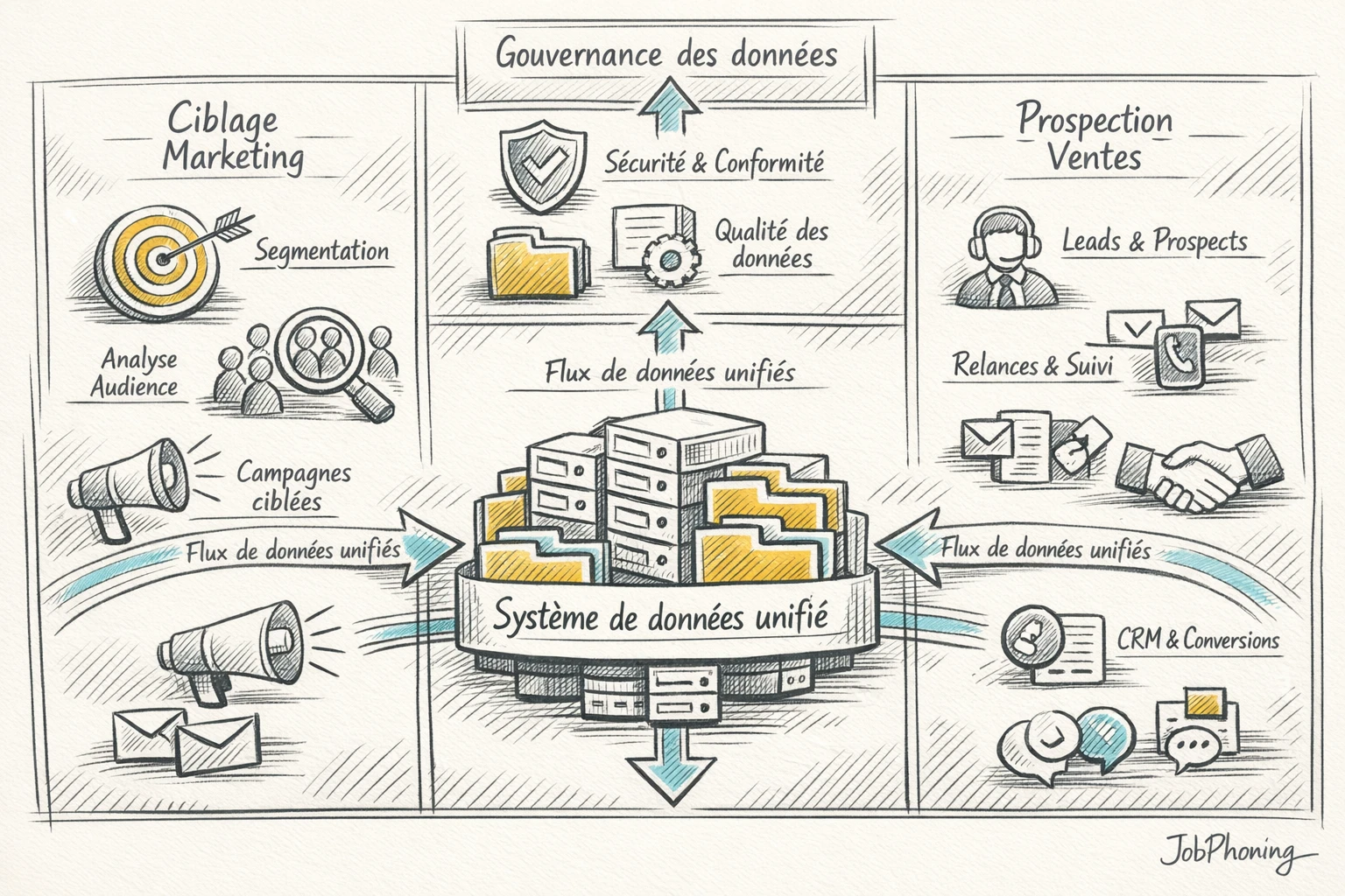 Infographie représentant l’alignement marketing, ventes et data via pipelines, hub central et boucle circulaire continue.