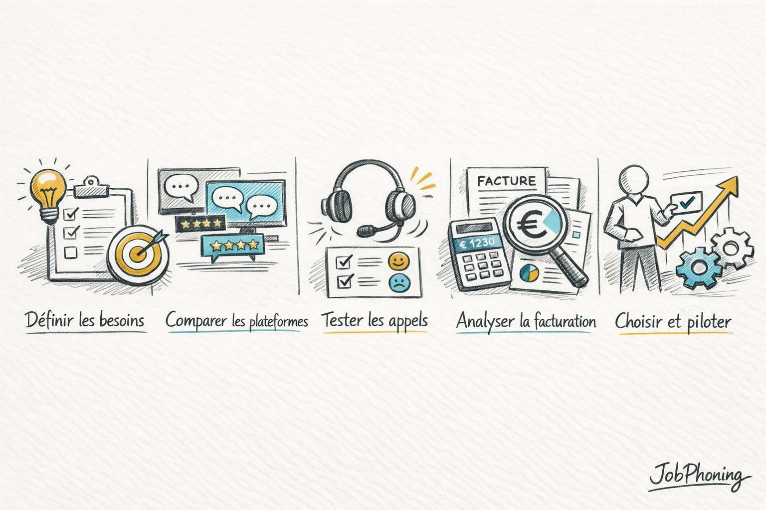 Schéma représentant l’évaluation d’une plateforme de jobbing téléphonique via blocs reliés et flèches séquentielles