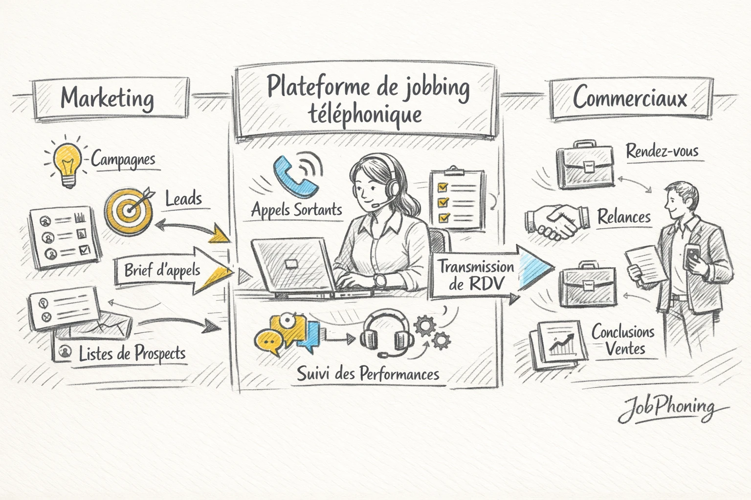 Schéma représentant l’intégration d’une plateforme d’appels avec marketing et forces de vente via cercles et