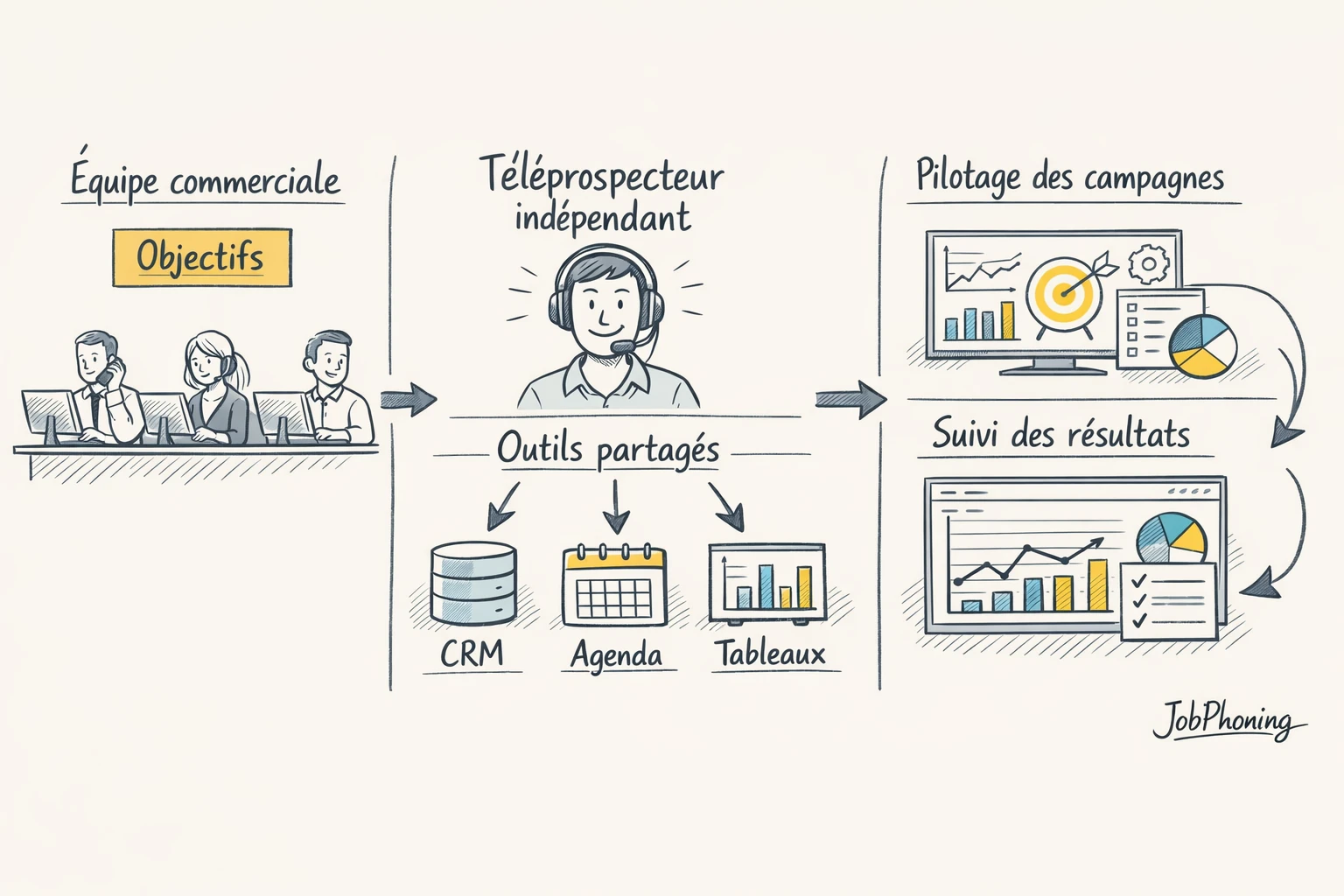 Schéma représentant l’intégration d’un téléprospecteur externe via un noyau central connecté à plusieurs blocs organisés.