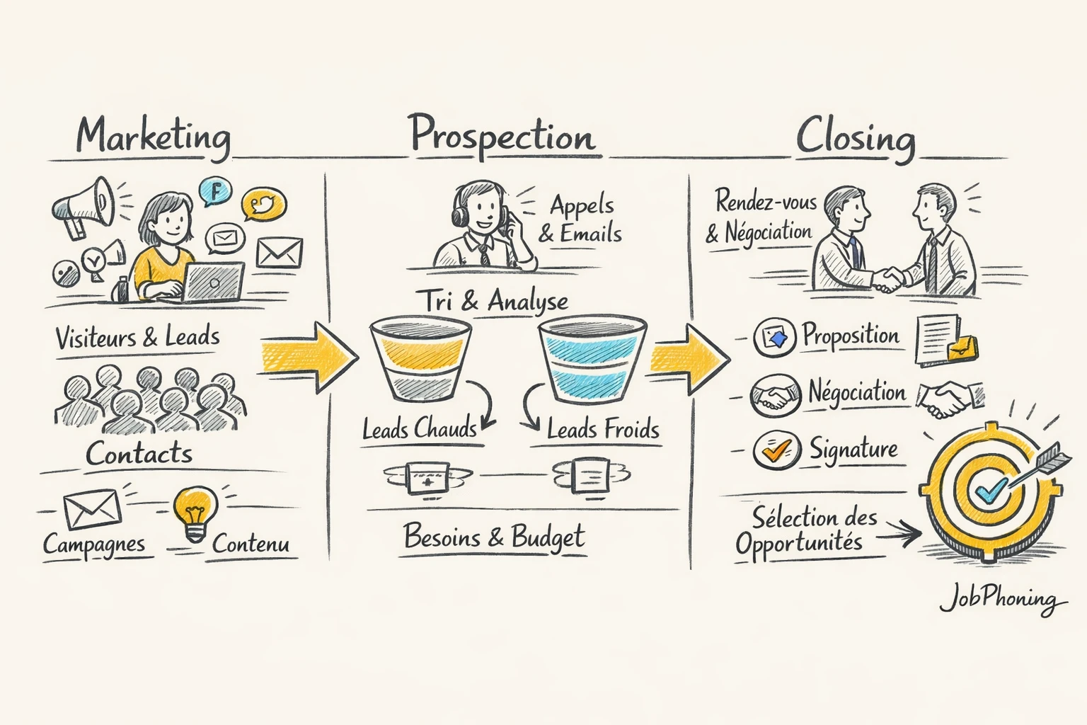 Schéma représentant la qualification de rendez-vous via enchaînement de blocs reliés et flèches directionnelles.