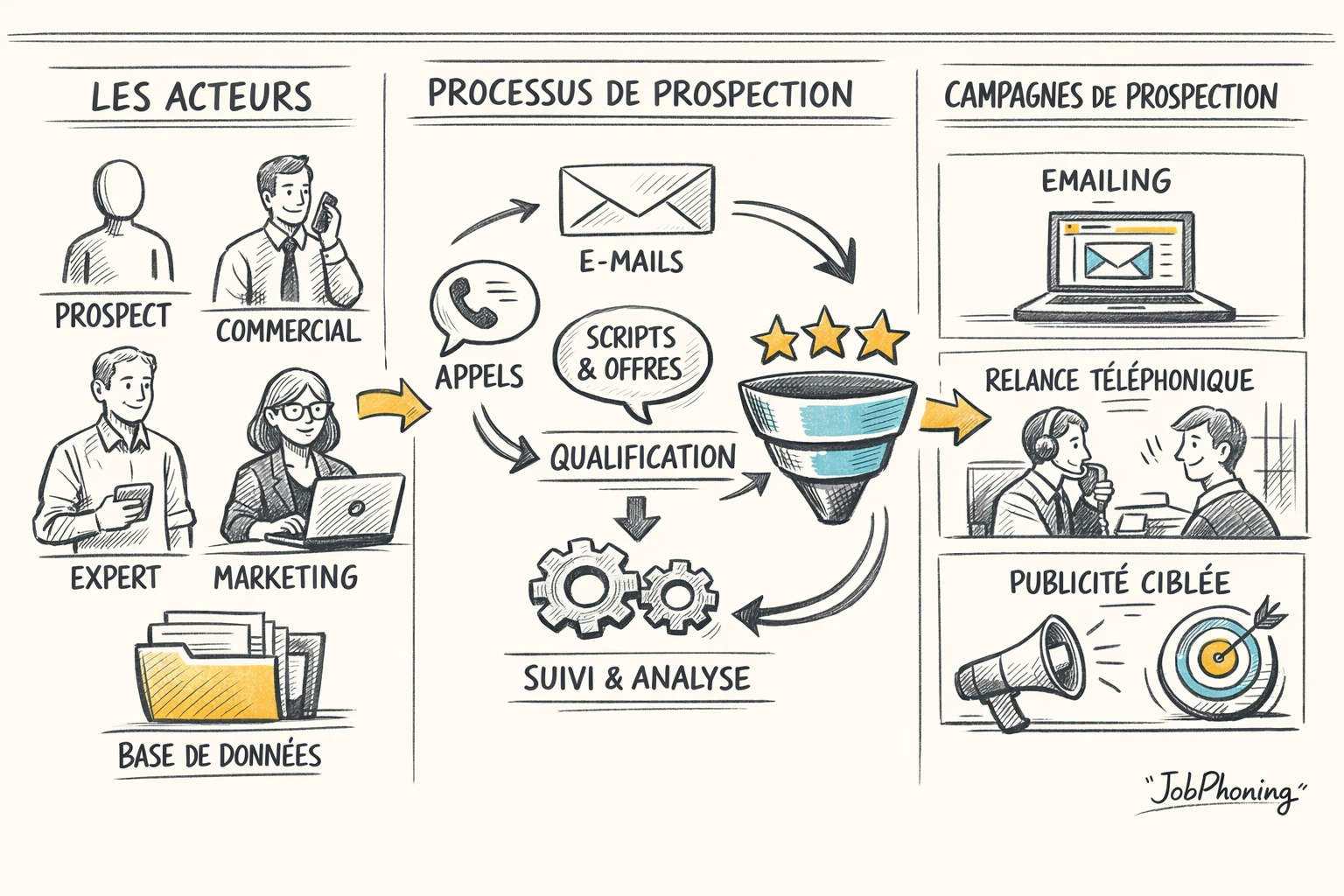 Schéma représentant un parcours commercial B2B structuré via pipeline segmenté et flèches successives
