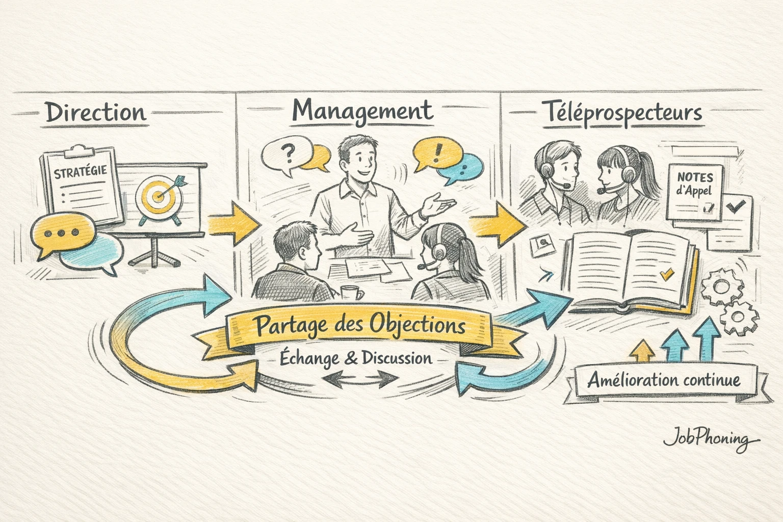 Schéma représentant la coordination autour d’un module d’objections via cercles reliés et flèches géométriques