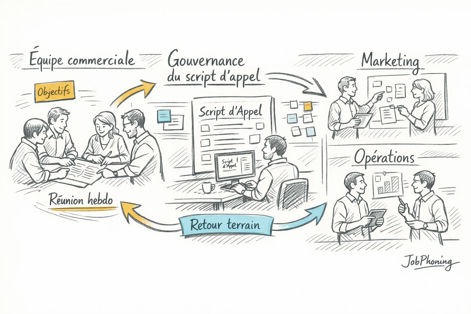 Schéma représentant la gouvernance partagée du script d’appel via un noyau central connecté à plusieurs