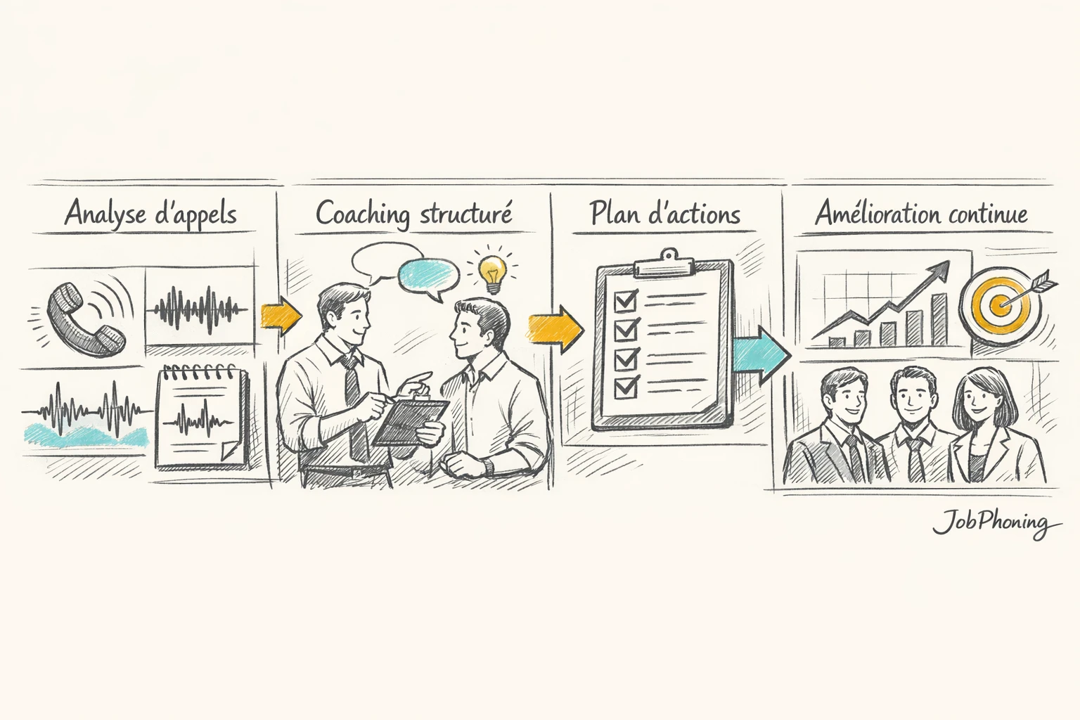 Schéma représentant un processus de coaching téléphonique via enchaînement de blocs reliés par des flèches.