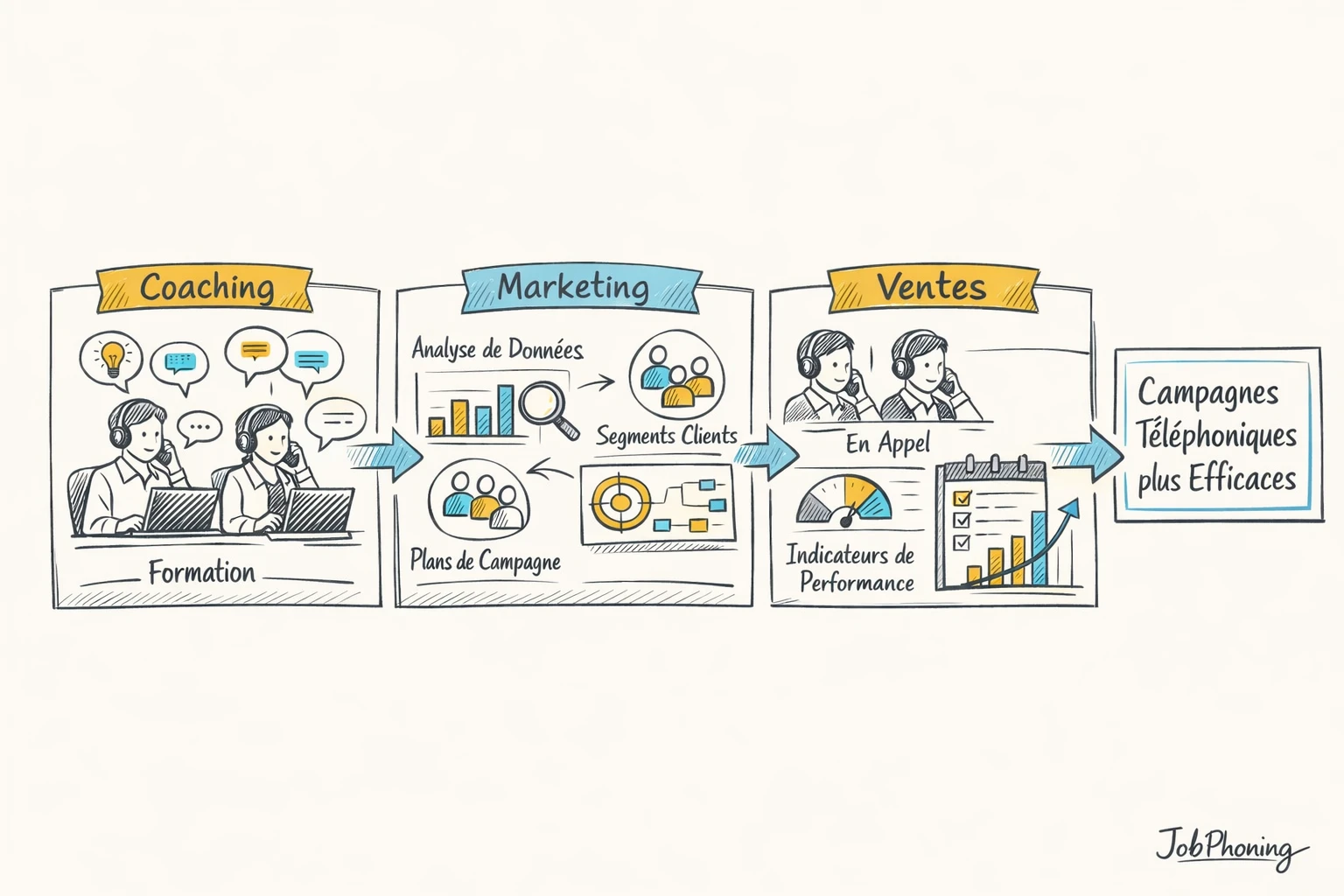 Infographie représentant intégration du coaching téléphonique via hub central, blocs reliés