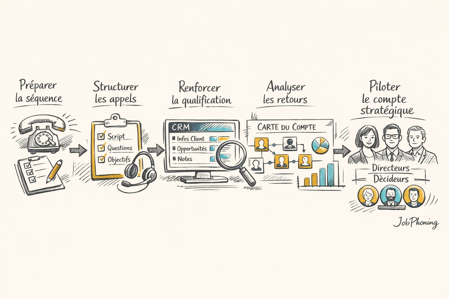 Schéma représentant l’organisation d’une séquence d’appels B2B via blocs reliés en flux