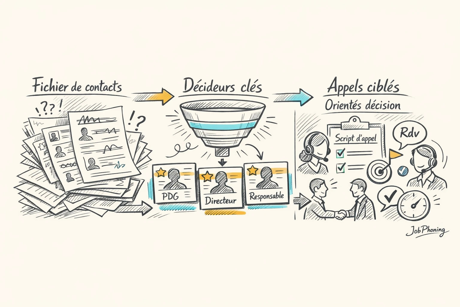 Schéma représentant un processus d’appels à froid via blocs alignés et flèches successives