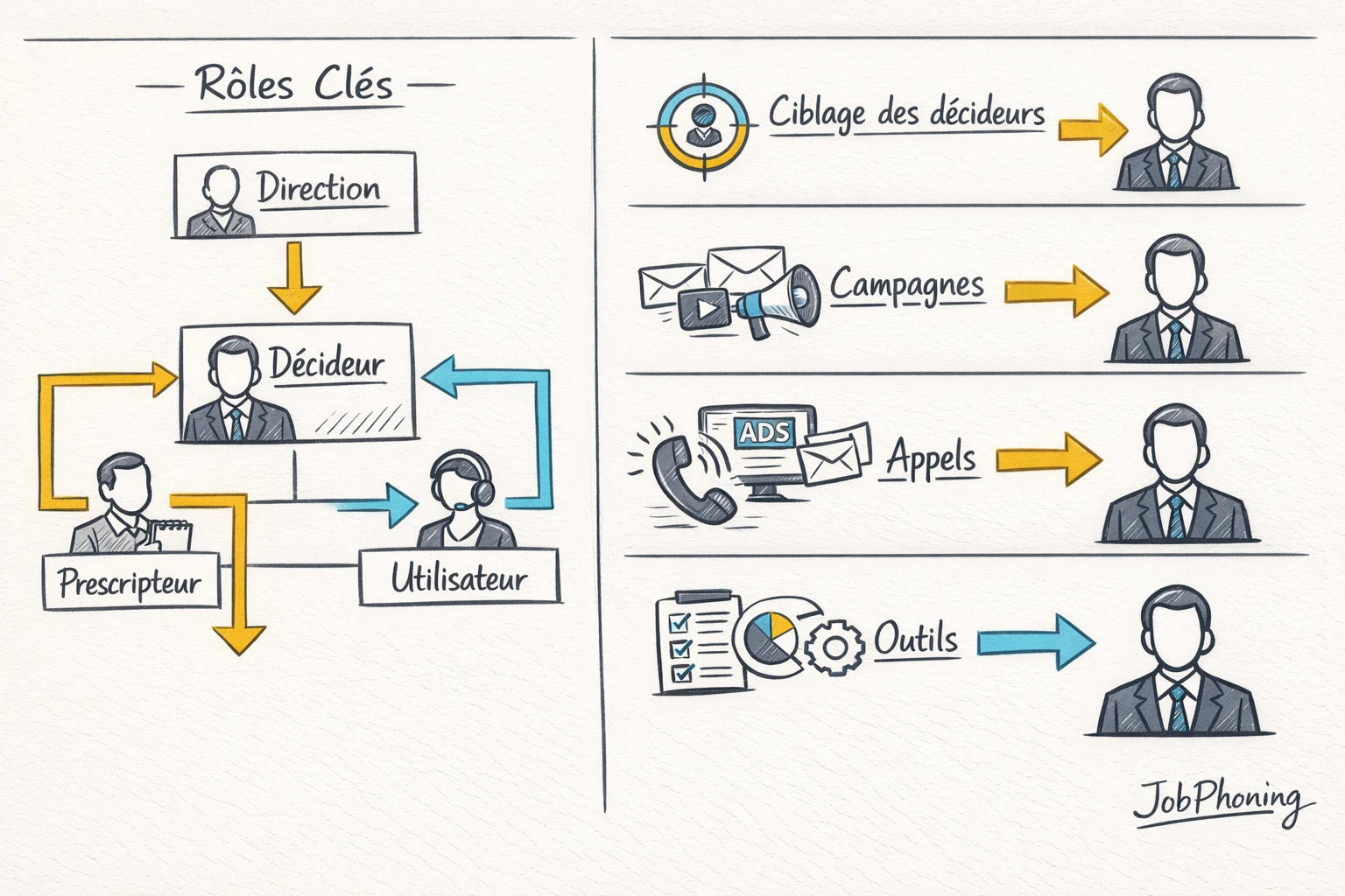 Schéma représentant l’alignement marketing-ventes autour des décideurs via hub central et cercles connectés