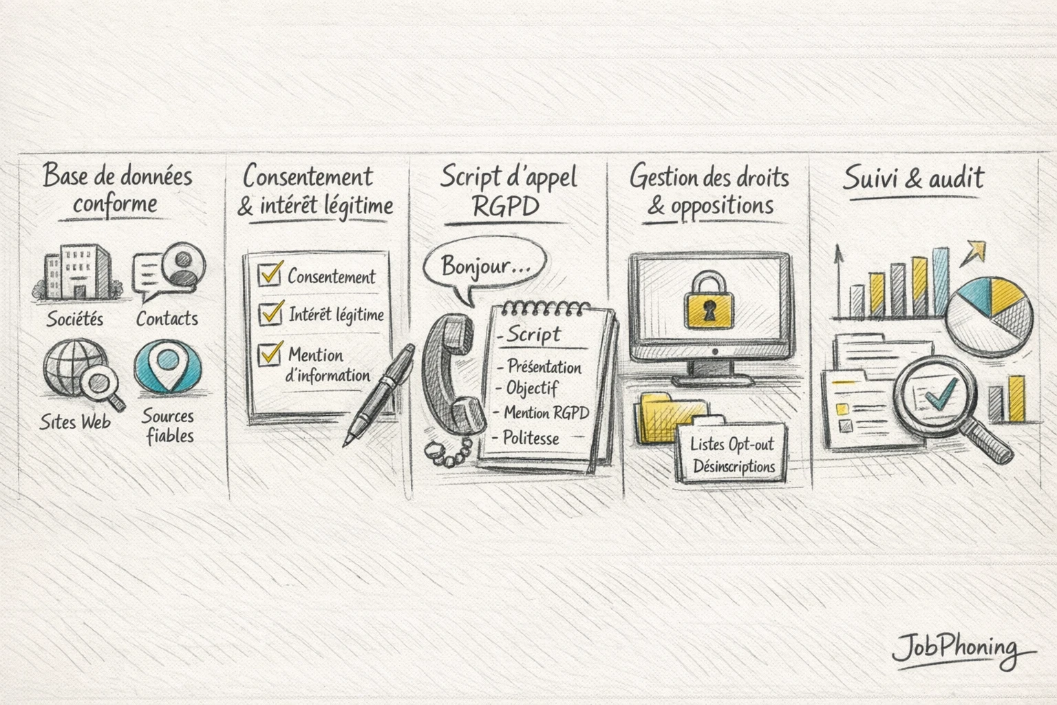 Schéma représentant un dispositif d’appels B2B conforme RGPD via enchaînement d’étapes géométriques connectées.