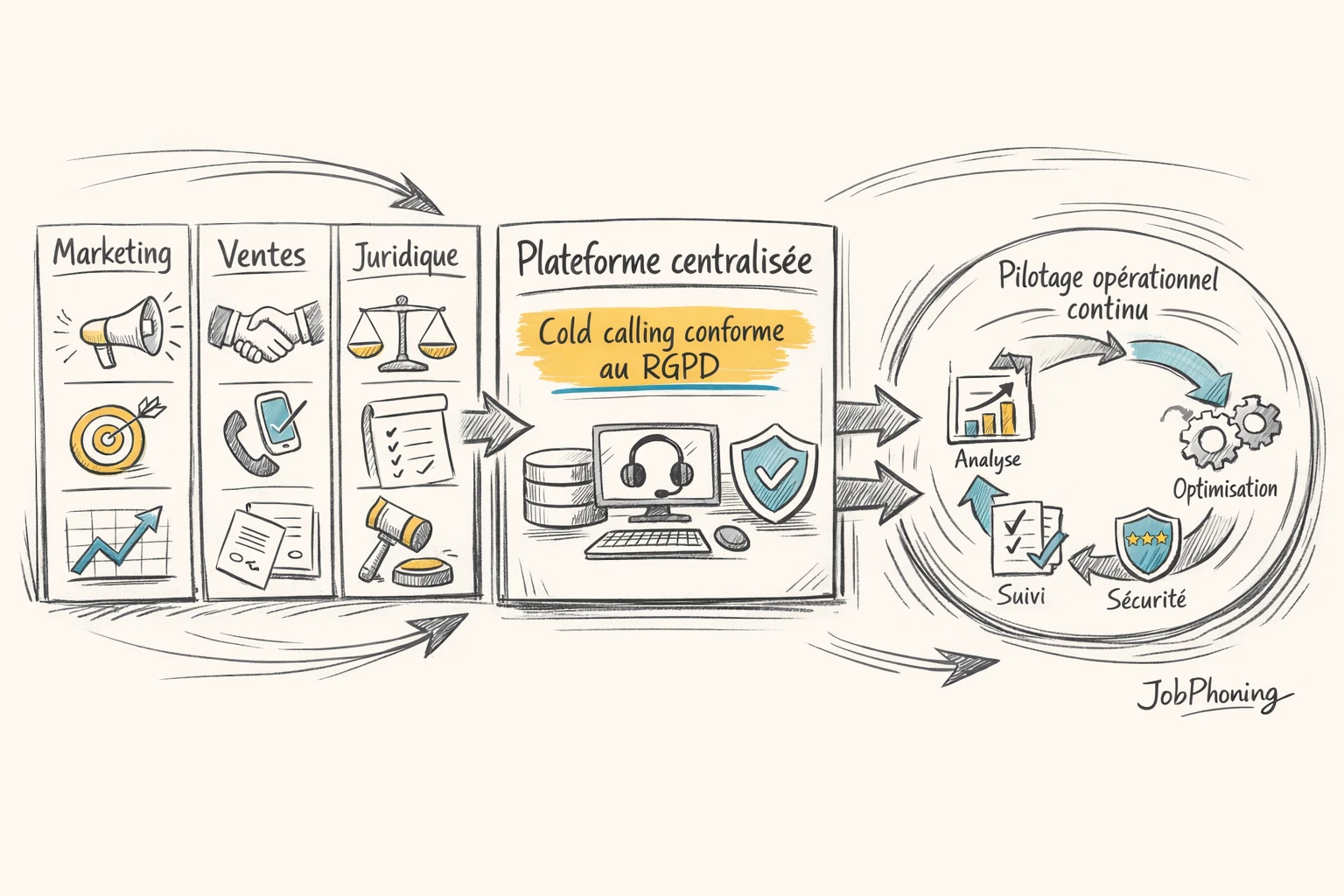Infographie représentant la coordination RGPD du cold calling via un noyau central connecté à plusieurs