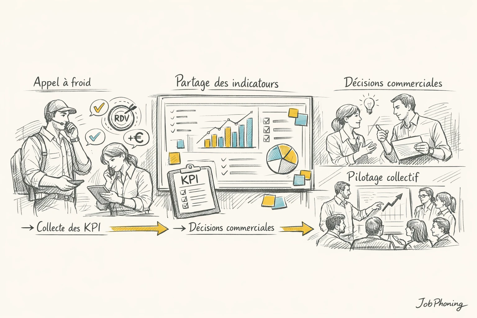 Schéma représentant l’intégration des KPI de prospection téléphonique via un hub central et plusieurs cercles