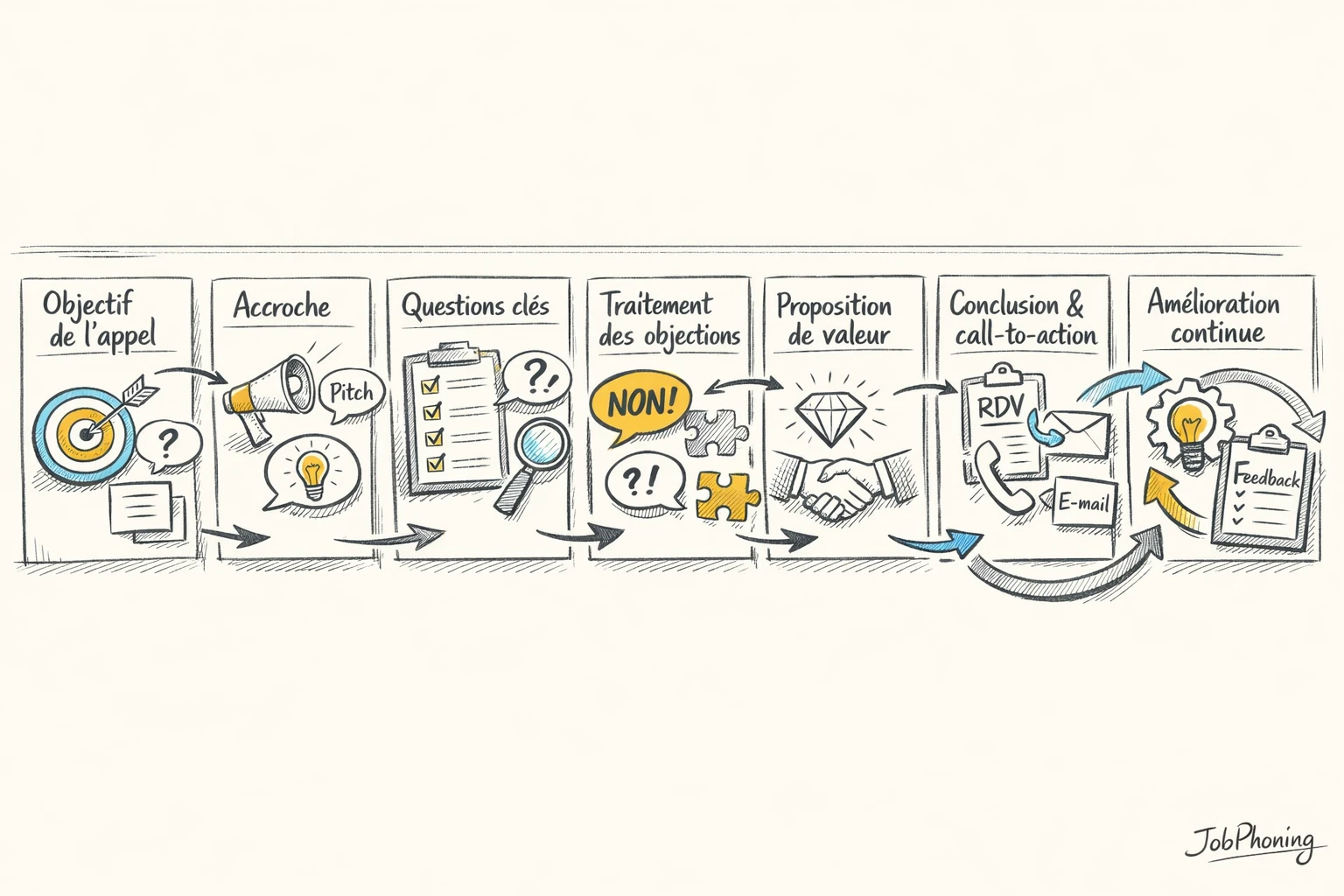 Schéma représentant la construction d’un script d’appel via enchaînement de blocs reliés et flèches minimalistes