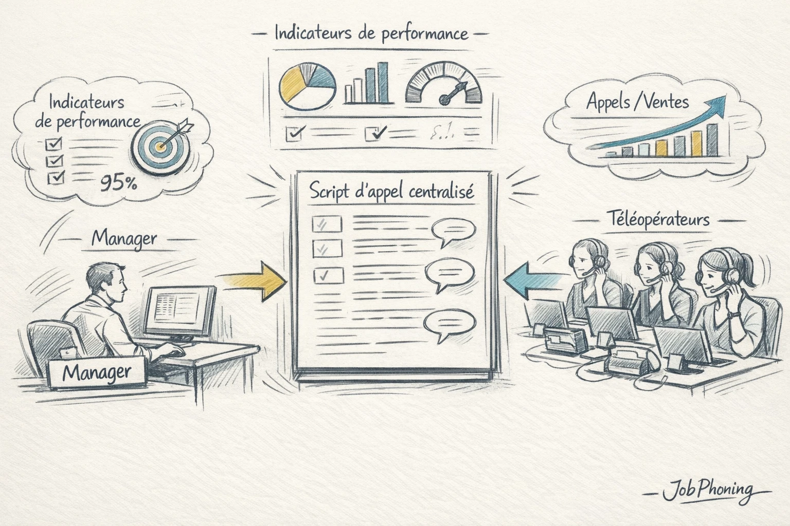 Schéma représentant l’intégration d’un script d’appel via un noyau central connecté à plusieurs blocs géométriques.