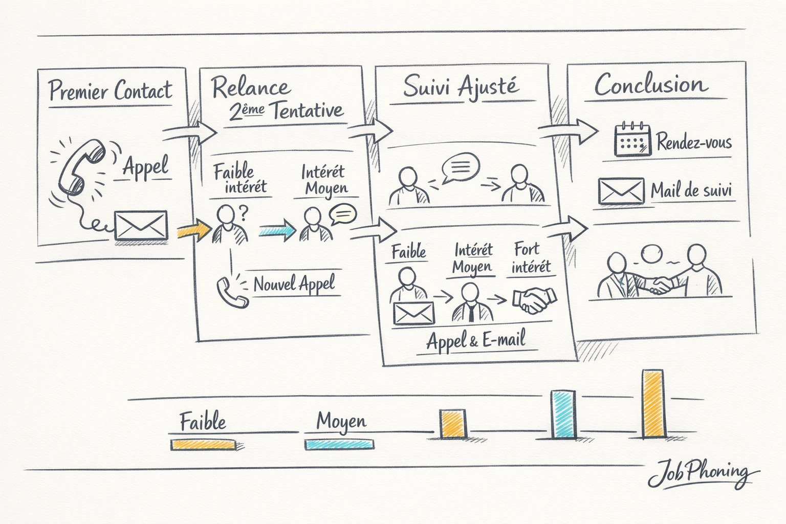 Schéma représentant une séquence de prospection multicanale via blocs reliés et flèches minimalistes.